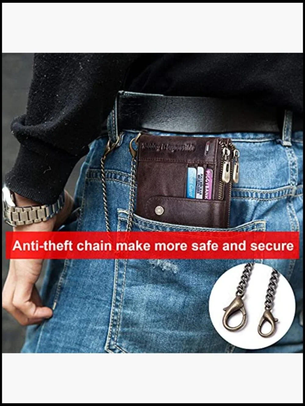 Genuine Leather RFID Bifold Wallet Anti-Theft Chain Zipper Coin Pocket